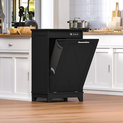 Image of BORNOON Tilt Out Trash Can Cabinet, Hidden Trash Can Cabinet with Odor Control, Negative Ion & Ozone, Wooden Laundry Hamper Cabinet, Single Trash Cabinet for Kitchen, Bathroom, Laundry Room, White