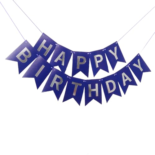 Kiyanest Bannière Anniversaire Bleu Royal – Lettres en Argent, Guirlande Happy Birthday Élégante & Réutilisable pour Tous Âges, Idéale pour Décorations Intérieures & Extérieures