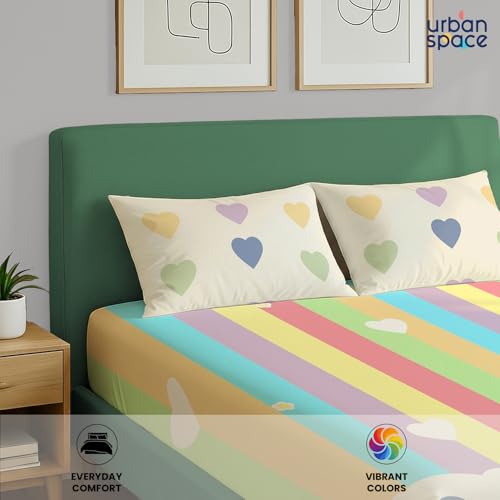 Image of Urban Space 144 TC Divine 100% Cotton Bedsheet for King Bed, Cotton Bedsheet with 2 Pillow Covers (Size 108 x 108 inches, Rainbow Hearts, King Size)