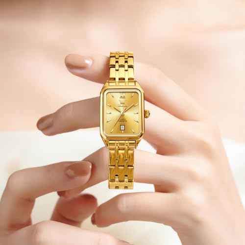 OLEVS Women's Small Gold Watch, Square Ladies Watches for Small Wrists, Dainty Fashion Luxury Dressy Analog Quartz Date Waterproof Wrist Watch for Women,Gold/Black/White/Blue/Green Face3
