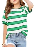 Haloumoning Girls Striped Short Sleeve T Shirts Kids Summer Casual Tops Crewneck Tees Blouses 5-14Y Green