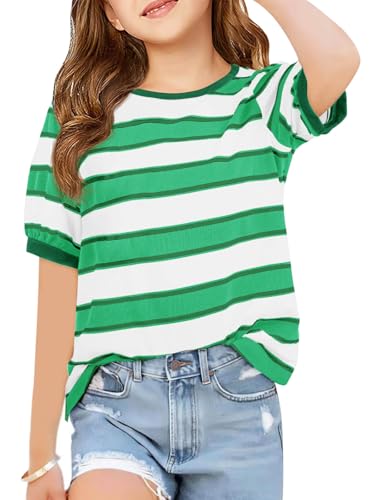 Haloumoning Girls Striped Short Sleeve T Shirts Kids Summer Casual Tops Crewneck Tees Blouses 5-14Y Green