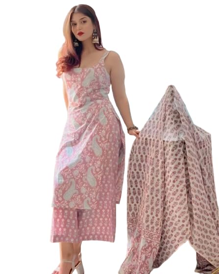 NAKSHATRA Infusion Cotton Sleeveless Kurta Set with Dupatta, Paisley Block Print Design, Summer Indian Outfit with Pant-image-19