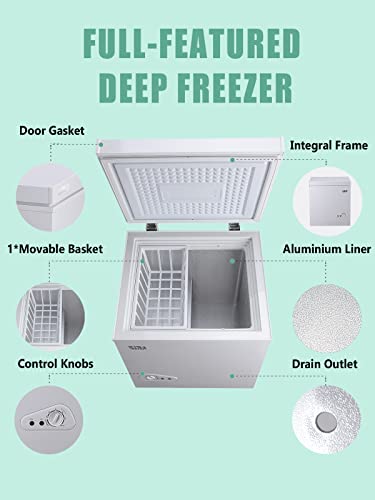 KRIB BLING 3.5 Cu.Ft Chest Freezer 7 Gears Temperature Control(-18°F to -46°F), Deep Compact Freezer with a Removable Basket, for House, Kitchen, Garage, Basement, Shop, White