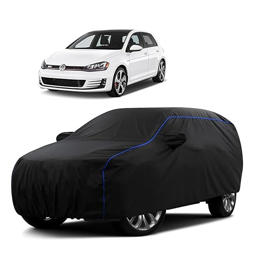 Image of Sulfar 100% Water Resistant Car Body Cover Compatible with Mirror for Volkswagen GTI (Triple Stitched, Full Bottom Elastic, Black Tafetta with Blue Piping)