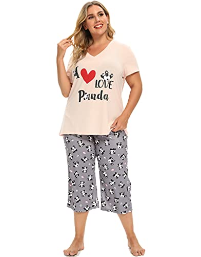 Image of Vozanet Women's Pajamas Set Soft V Neck Sleepwear Top and Capri Pj Lounge Sets Cartoon Heart Shape Cat Nighty Plus Size