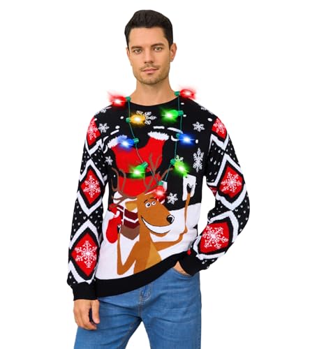 Cozople Ugly Christmas Sweater for Men Funny Light Up Knitted Xmas Reindeer Pullover Jumpers for Party New Year2