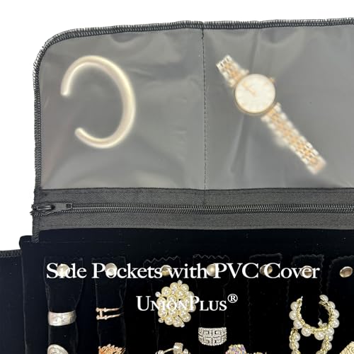Image of UnionPlus Velvet Jewelry Roll Organizer, Travel Jewelry Case with Multiple Compartments for Rings Earrings Necklaces Bracelets, Compact Portable Jewelry Storage
