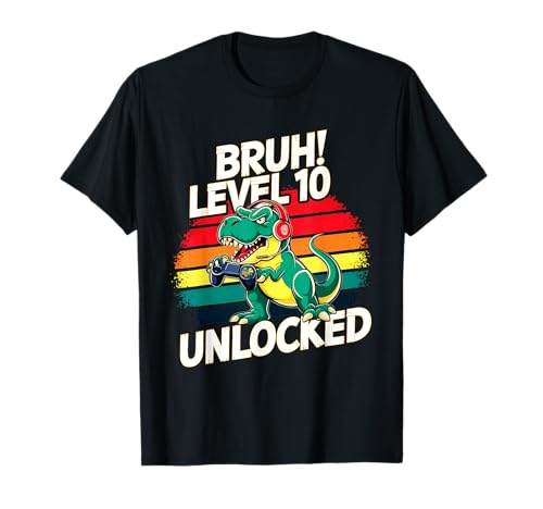 Bruh Nivel 10 Desbloqueado Gamer Dinosaurio Retro Cumpleaños Niño Diversión Camiseta