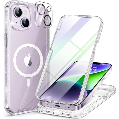 Image of Miracase Glass Series Designed for iPhone 14 Plus Case 6.7 inch, 2023 Upgrade Full-Body Magnetic Clear Case with Built-in 9H Tempered Glass Screen Protector,Compatible with MagSafe,Clear Glitter