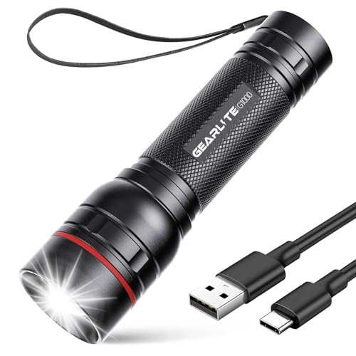 GEARLITE Rechargeable LED Torch, 2000LM Torches LED Super Bright with 3 Modes, Portable Small Torch with Battery, Waterproof Flashlight Zoomable for Power Cut, Emergency, Camping, Hiking, Outdoor