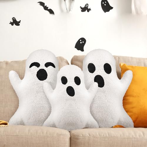 Image of Konohan 3 Pcs Ghost Halloween Pillows Stuffed Ghost Shaped Throw Pillows Cute Decorative Spooky for Halloween Party Home Cushion Decorations