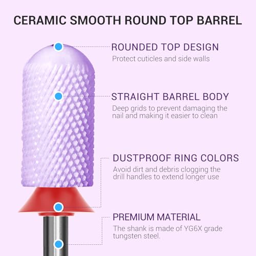 Image of MelodySusie Ceramic Nail Drill Bit, 3 /32'' Smooth Round Top Large Barrel Bits, Suitable for Manicure Pedicure Cuticle Gel Polishing, Beginners Bits, Purple, Series Bit-S, Fine