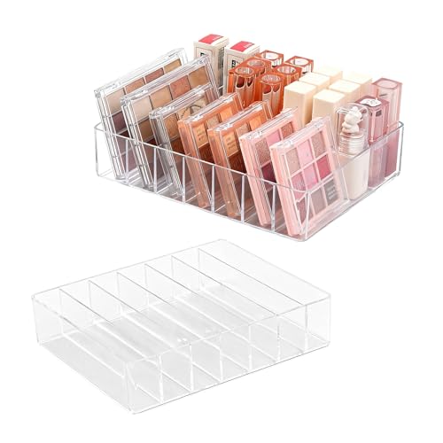 chunhai 2 Pack Makeup Organizer for Eyeshadow Palette and Lipstick Organizer, 7 Section Divided Makeup Palette Organizer for Lipstick Highlighter, Skincare Cosmetic Display Cases for Bathroom