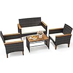 YITAHOME Wooden Armrest 4-Piece Patio Furniture Set, All-Weather Outdoor Furniture Rattan Wicker Conversation Set with Wooden Side Table, Wooden Armrests &Feet and Soft Cushions, Brown+Beige