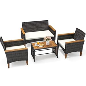 YITAHOME Wooden Armrest 4-Piece Patio Furniture Set, All-Weather Outdoor Furniture Rattan Wicker Conversation Set with Wooden Side Table, Wooden Armrests &Feet and Soft Cushions, Brown+Beige