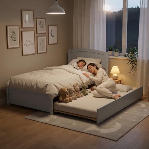 Image of Xilingol Trundle Bed Twin, Solid Wood Bed Frames with Headboard and Wooden Slats Support, Twin Trundle Bed Frame Roll Out, Single Box (No Box Spring Needed)