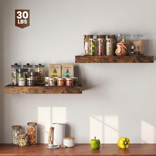 Image of Dreamland 24 inch Floating Shelves for Wall, 12 inch Deep Thicker Floating Shelves, Wall-Mounted Shelves for Bedroom, Living Room, Kitchen, Bathroom,Rustic Brown - Set of 2