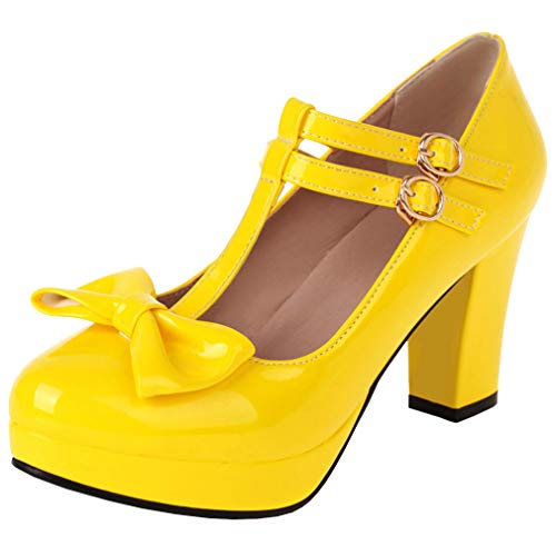 Parisuit Womens T Strap Platform Mary Jane Shoes Chunky High Heels Patent Leather Pumps with Bow