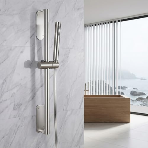 Image of HASTHIP Shower Slide Rail, 59cm Stainless Steel Shower Head Bracket, Sliding Shower Head Holder for 18-25mm Handle, No Drill Wall Mounted Shower Holder, Angle & Height Adjustable