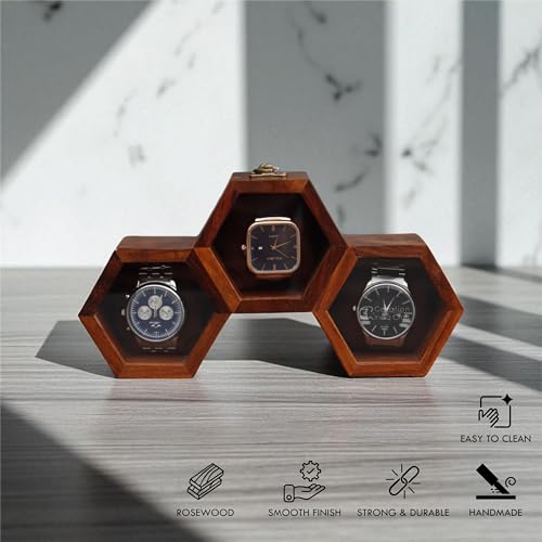 Image of Vintage Wooden Watch Box for Men, Timepiece Display Case, Honeycomb Watch Storage & Organizer, Jewlery Box for Women, Anniversary Gift For Husband (3 Compartments)