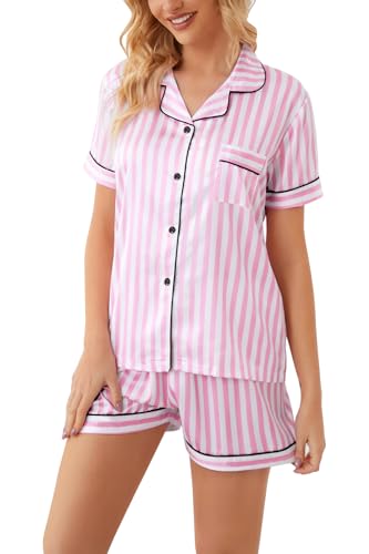 Image of Schbbbta Girls Womens Pajamas, Satin Silky Pjs Set Kids 2Pcs Button-Down Nightwear Sleepwear Gift for Mommy and me
