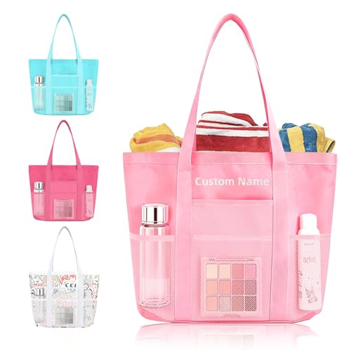 Bolso de playa personalizado con bordado de nombre | Bolso tote de malla grande para mujeres, ligero y plegable para viaje, playa, piscina y regalos de vacaciones de verano miniatura 1