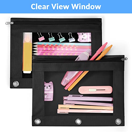 Sooez Pencil Pouch for 3 Ring Binder, 2 Pack Binder Pencil Pouch with Clear Window Pencil Bags with Zipper & Reinforced Grommets, Pencil Case for Binder Black & Black - Thumbnail 6