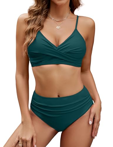 Edelqual Women's High Waisted Bikini Sets Two Piece Swimsuit Tummy Control Bathing Suit V Neck Twist Front Swimwear Swim Suit 2026(Large,Blue Green)