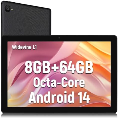 Tablet 10 Inch Android 14 Tablets 1280x800 HD IPS Touchscreen Octa-Core Processor 8 GB RAM + 64 GB ROM (Expand to 1TB) 5 MP + 8 MP Dual Camera 5000 mAh Battery (Black)