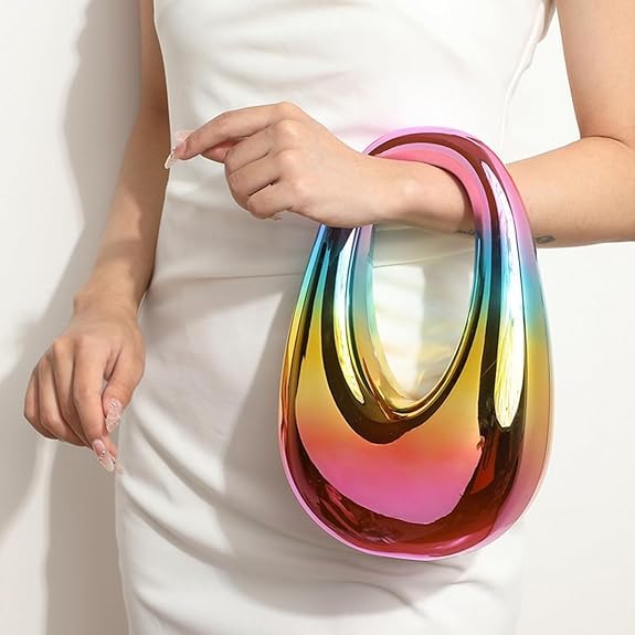 Image of Metallic Acrylic Evening Handbag for Women | Crossbody Sling Bags with Detachable Chain Strap Glossy Stylish Ladies Girls Small Size Cute Party Wedding Bag