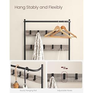 VASAGLE Hall Tree with Bench and Shoe Storage Entryway Bench with Coat Rack Stand and Shoe Rack 9 Movable Hooks Top Bar Fabric Shelves Industrial Greige and Black UHSR411B02