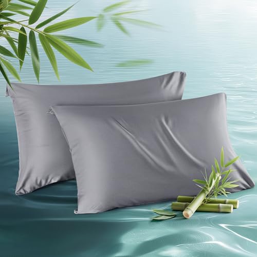Bedsure Zipper Pillow Cases Queen, Cooling Pillow Cases Queen Size Set of 2, Rayon Derived from Bamboo Cooling Pillowcases for Hot Sleepers, Soft & Breathable Pillow Covers, Dark Grey, 20x30 Inches