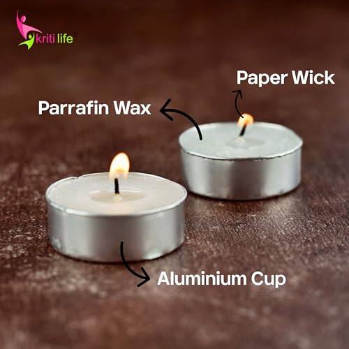 Image of Kriti Life Tealight Candles - 100% Paraffin Wax, Smokeless & Unscented, Long Burn 4.5 Hours, Set of 10 Pcs, Dripless White Candles for Home Decor, Diwali, Weddings, Meditation
