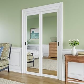 48" x 80" Paintable Sliding Closet Door, 1-Lite One-Side Mirror Bypass Door Panel with Hardware Track Kit & Floor Guide, Solid Wood Slab Pre-Assembled for Kitchen/Bedroom/Laundry, Black Handle