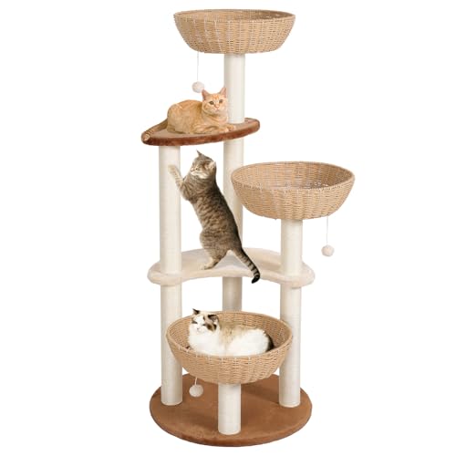 Lucky Monet Boho Wicker Cat Tree Tower for Indoor Multiple Cats - 51 Inch w/ 3 Basket Beds & Natural Sisal Scratching Posts, Adults 25 Ibs