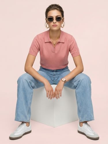 Image of JUNEBERRY Women's Flatknit Solid Half Sleeve Polo T-Shirt with Collared Neck, Casual Style for Office, Travel, (Sizes S to 2XL)