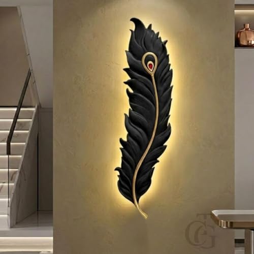 Image of Designer Krishna Peacock 650mm Feather 3-Color LED Wall Sconce|Decorative Mor Pankh Wall Light for Living Room, Bedroom, Hallway & Home Decor|Black