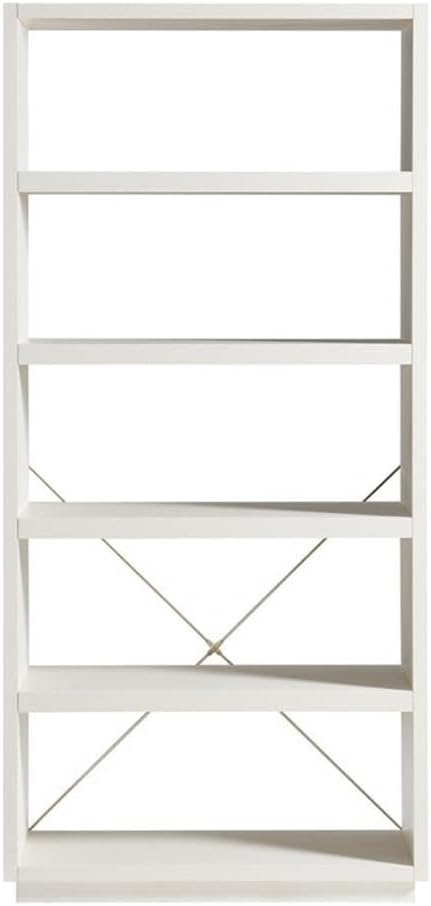 BOWERY HILL Modern Wood Bookcase, 5 Open Shelves, Cream Weave Finish, MDF Construction with Gold Metal X-Accents, 33.5" W x 11.5" D x 70.75" H, Contemporary Style for Living Room or Home Office