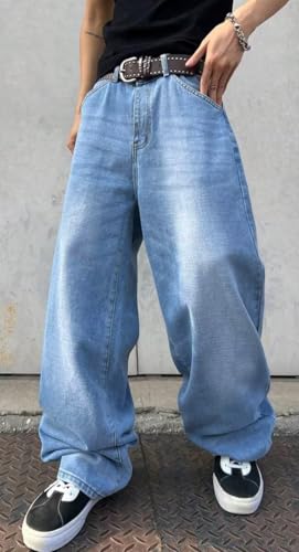 Image of HUNGSON Mens Baggy Jeans for Men Women Y2k Skater Vintage Plain Pants Casual Wide Leg Jeans Loose Fit Denim Jeans