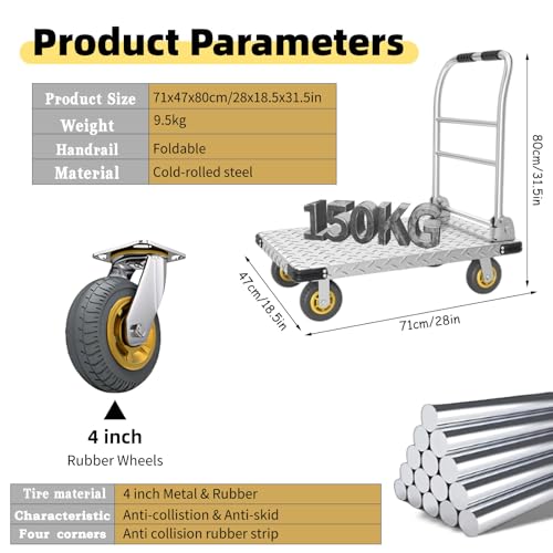 Chariot de transport pliable avec roues silencieuses de 4 pouces