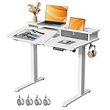 White Standing Desk，60° Tiltable Height Adjustable Electric Rising Desk，40Inch Foldable Mobile Laptop Table with Shelf,Monitor Stand, Drawer ,Flippable Sit Stand Workstation on Wheels for Home, Office