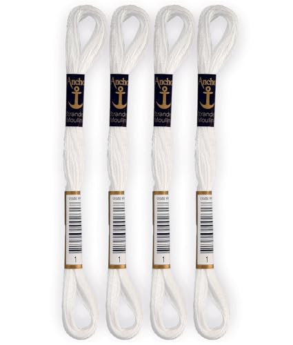  Anchor - Set di 4 matasse Stranded Cotton Mouliné  100% cotone  Filo da ricamo, punto croce, tela  Colore bianco brillante  Rif 4635000-4EA_00001