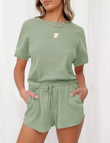 MEROKEETY Women's Short Sleeve Waffle Pajama Sets Lounge Top and Shorts 2 Piece Tracksuit Outfits2