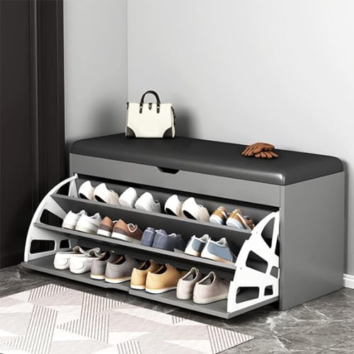 VDLLQYN, Zapatero Gris con Asiento Acolchado y 3 cajones abatibles con Tapa elevable for Dormitorio y Pasillo. ，Banco Zapatero(Grey,60x30x51cm)