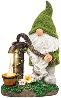 TERESA'S COLLECTIONS Flocked Garden Gnome Ornaments Outdoor with Solar Powered Light, Gnome Outdoor Statue Figurine with Water Pump, Waterproof Resin Garden Gifts for Patio Lawn Yard Decoration, 29cm