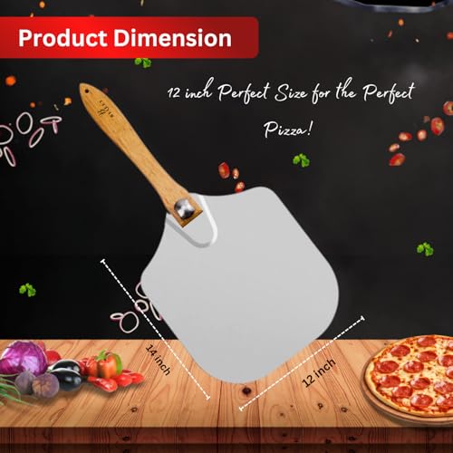 Metal Pizza Peel 12 inch - with Foldable Wooden Handle, Pizza Paddle, Foldable Pizza Peel, Pizza Spatula Paddle for Oven,Baking Homemade Pizza Bread, 12x14 Inch Aluminum Pizza Paddle