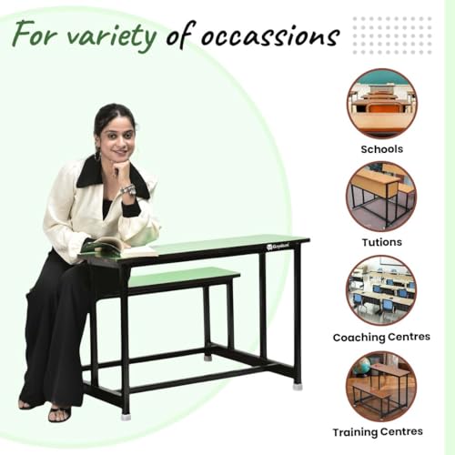 Image of GOYALSON School Home Tution College Bench Duel Desk Student Bench Cum Duel Desk Strong and Sturdy Metal Standard Structure with Wooden Top (2, Green, Medium Class)