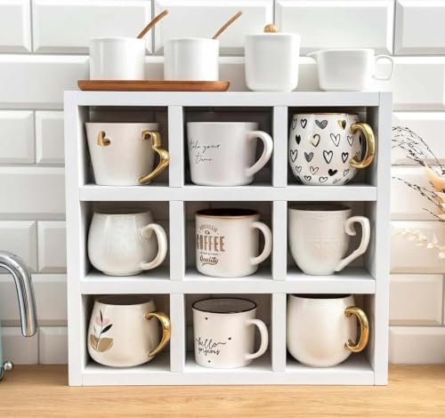 Image of Hamdan Collection Wall Mounted Mug Shelf - Coffee Cup Storage - Kitchen Wall Rack - Floating Cup Organizer - Rustic Coffee Bar Shelf (SQ 9 COMP)