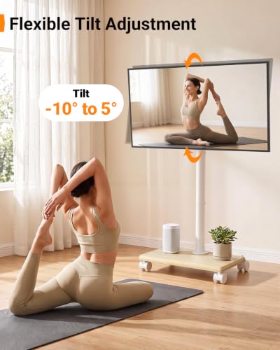 Image of Perlegear Rolling TV Stand with Wheels for 32-60 Inch TVs | Height Adjustable Mobile TV Cart , Tilt -10 to 5, 88lbs Capacity, VESA 100x100-400x400,Wood Base & Locking Wheels-White